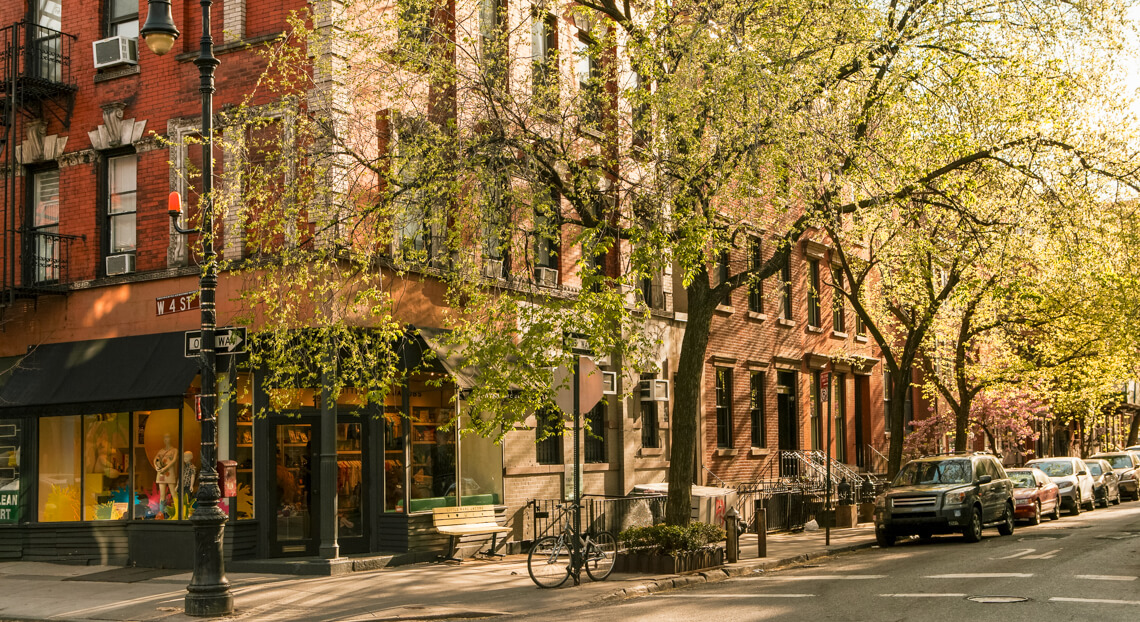Springtime scene featuring a retail store in West Village Neighborhood, Downtown, New York City