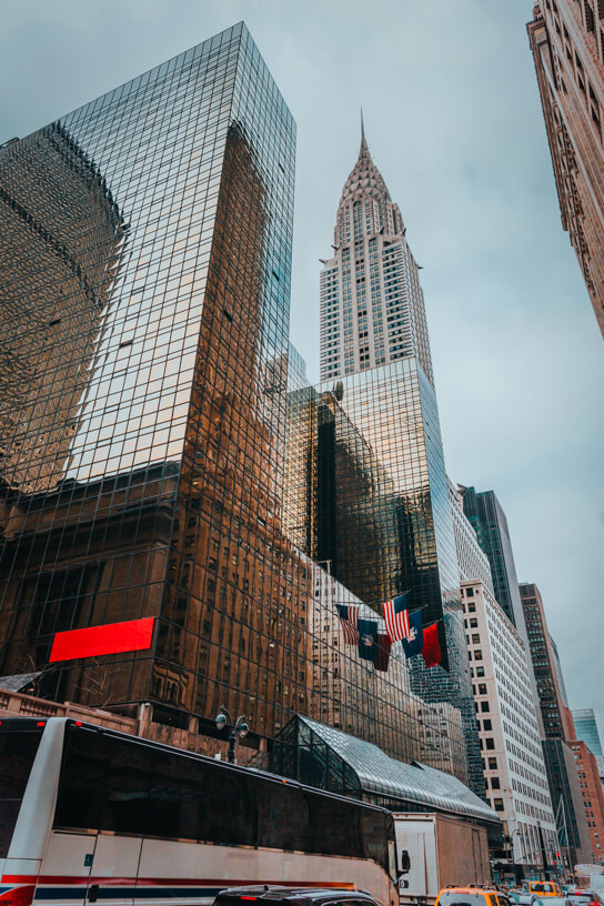 Dusk view of NYC's 42nd Street with Chrysler Building and Grand Hyatt.