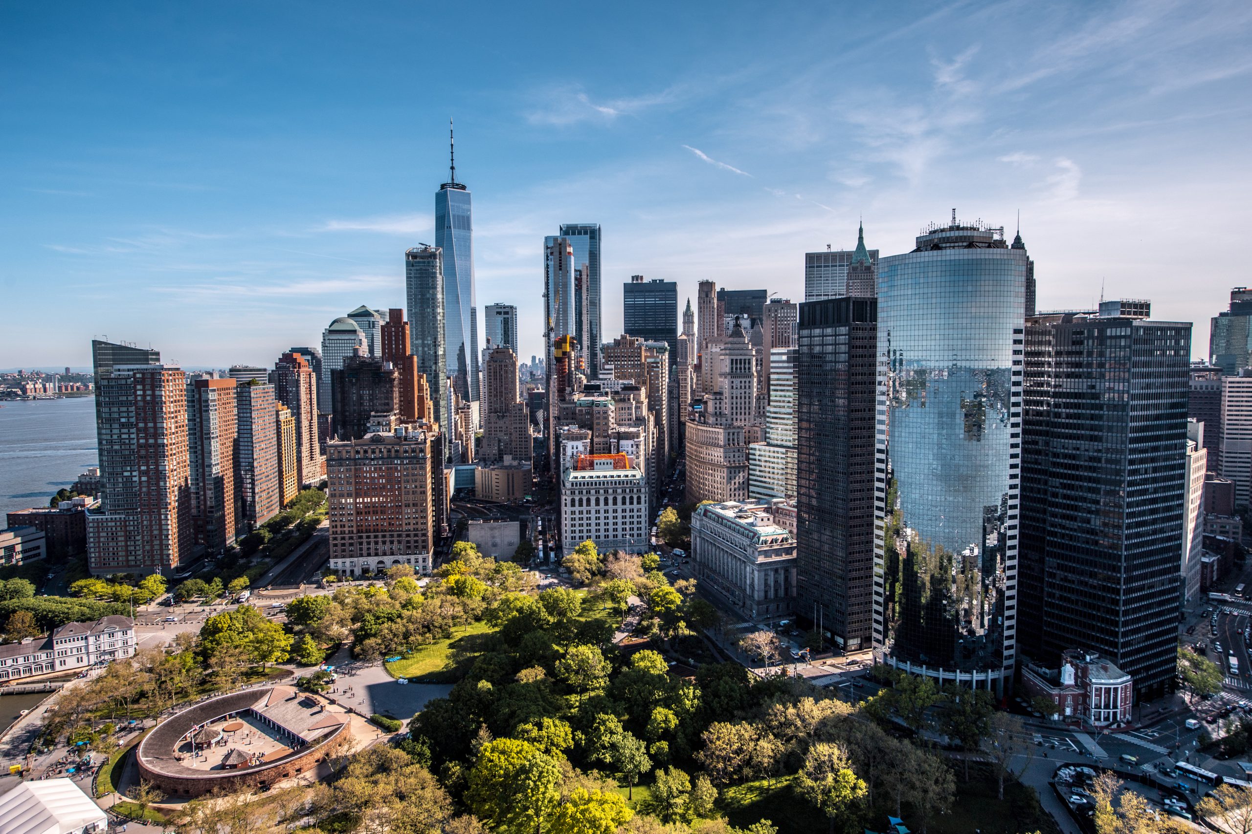 Aerial view of Downtown NYC, showcasing the expansive real estate owned by Brookfield Properties.