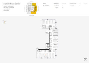 A floor plan for the 45th floor, Suite 40008, of 3 World Trade Center in New York, NY. It includes 14 work areas, 2 common areas, and a highlighted office space. Rooms and common areas are labeled with numbers. An inset map shows the floor’s position within the building among NYC office buildings with outdoor space.