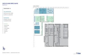 Floor plan of the 55th floor Spec Suite, Suite A. It shows the layout of offices, meeting rooms, open workspace, reception, pantry, copy/print room, and closets. Designed for a headcount of 15 with six private offices and a medium conference room, it mirrors NYC office buildings with outdoor space.