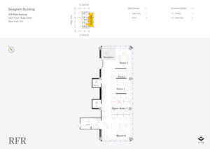Floor plan of Seagram Building's 23rd floor suite 2200, a notable NYC office building with outdoor space. The layout includes a reception area, four rooms labeled Room 1 to Room 4, an open area, and three common areas (two kitchens and a utility area). A location map is shown in the top left corner.