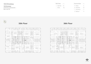 Floor plans for the 35th and 36th floors of 1633 Broadway, an NYC office building with outdoor space, displaying various work areas, kitchens, utility areas, phone rooms, and bathrooms. Both floors feature open and private offices and are similar in layout.