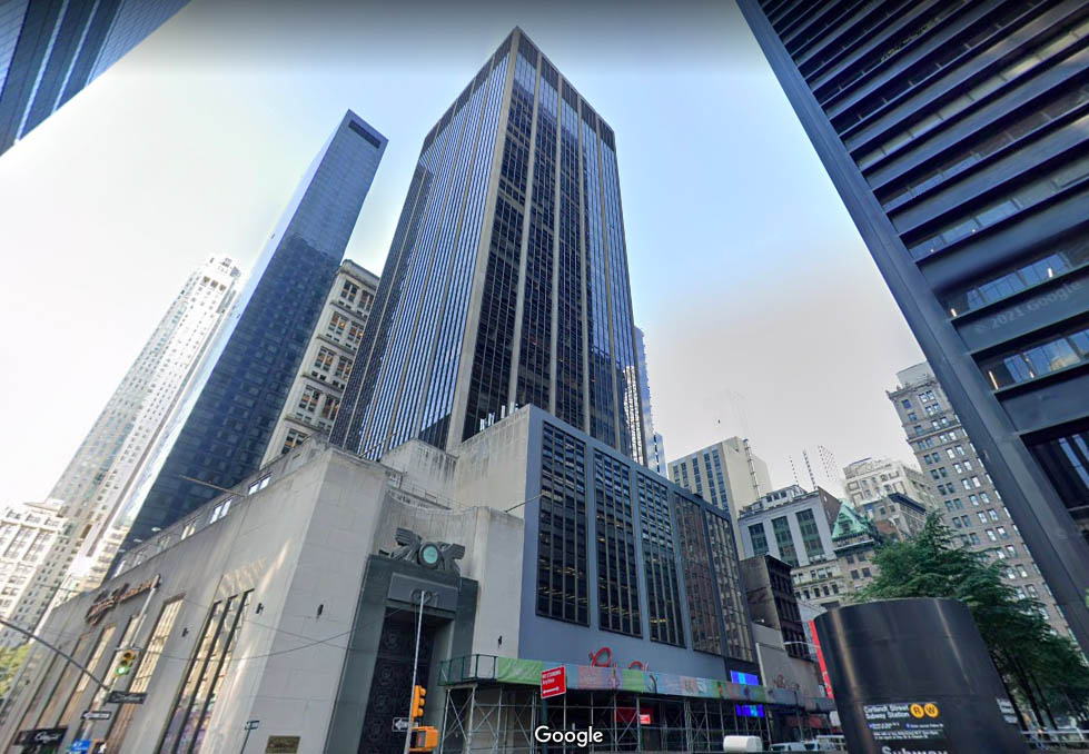 A glass tower located at 22 Cortlandt Street, providing office space in Lower Manhattan, NYC.