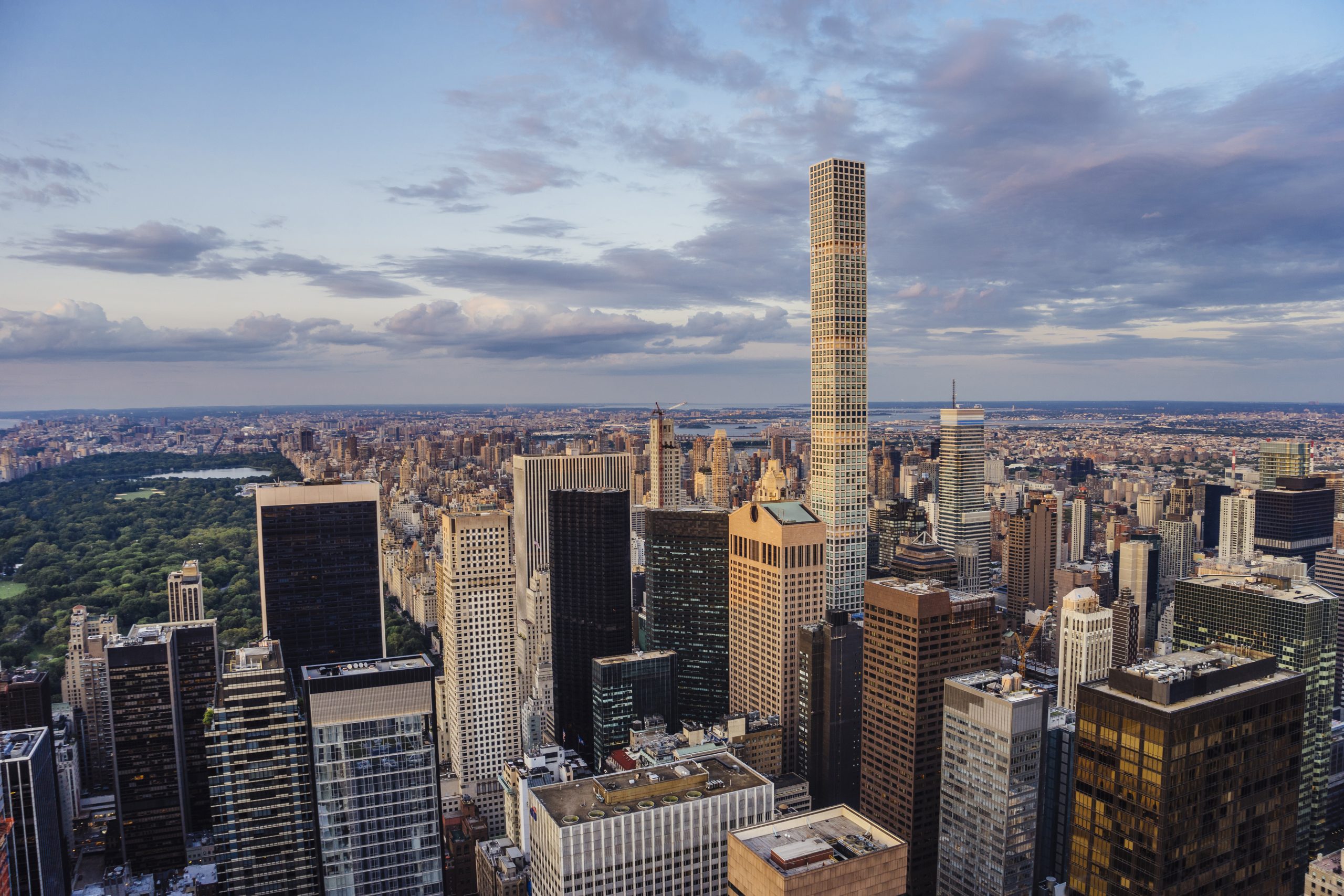 Aerial view of NYC with 432 Park Avenue Skyscraper, a prominent slim building near Central Park