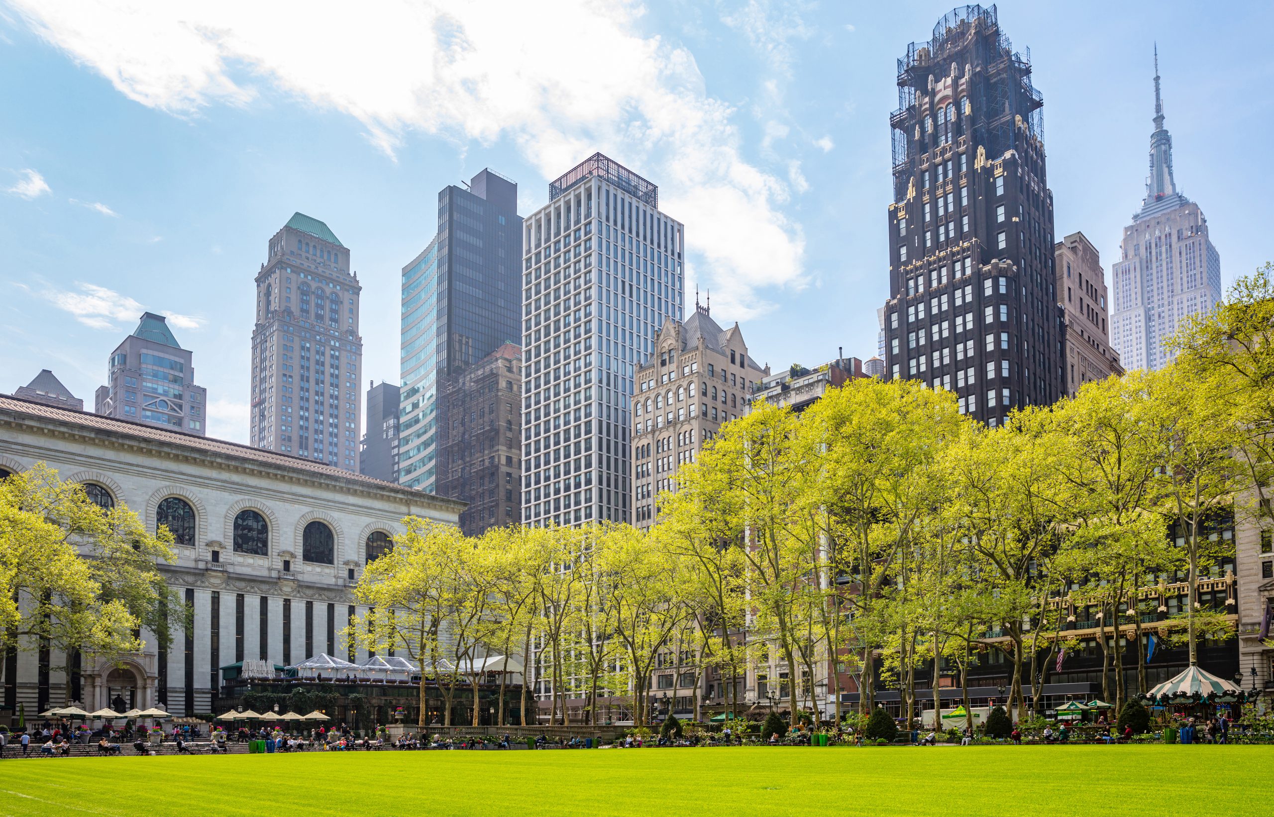 skyline view from Bryant Park in Midtown Manhattan, New York City in springtime.