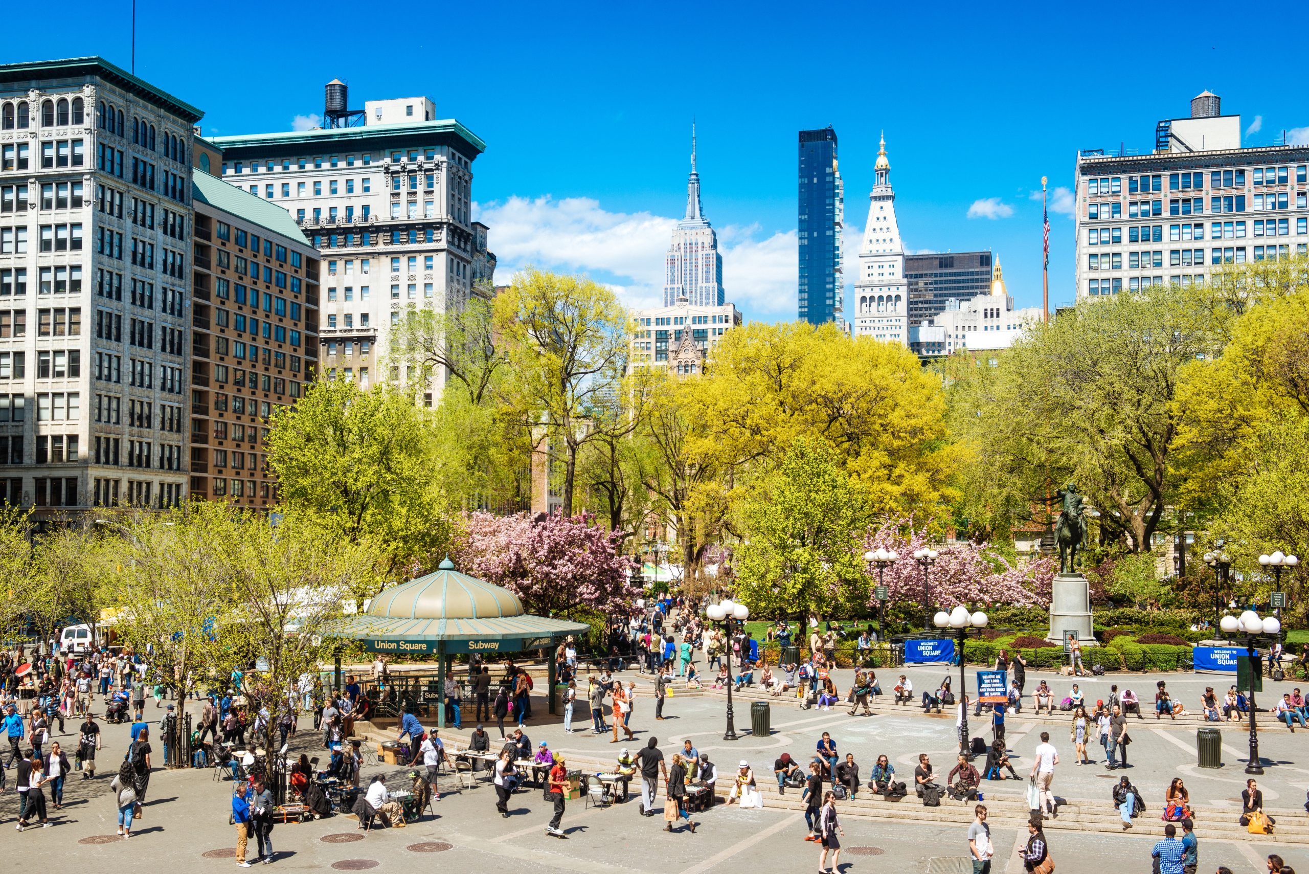 A high view of Union Square and the Empire State Building in Manhattan, New York City.