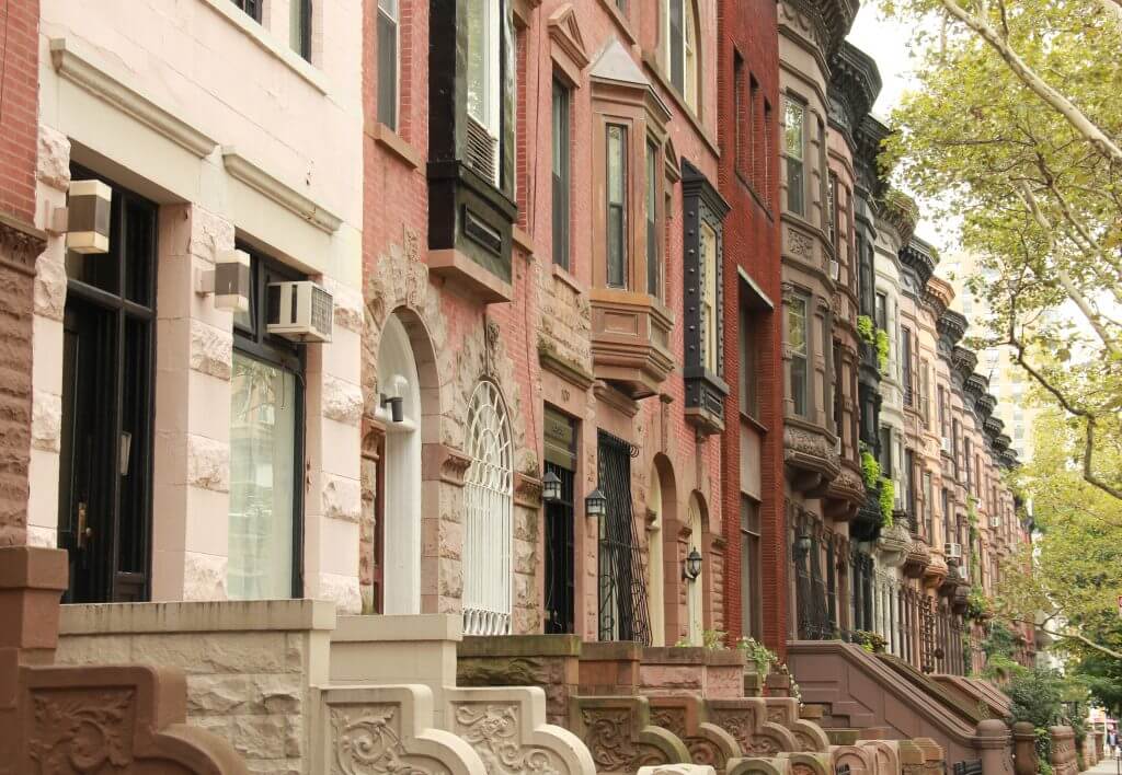Beautiful residential brownstone buildings on Manhattan's Upper West Side.