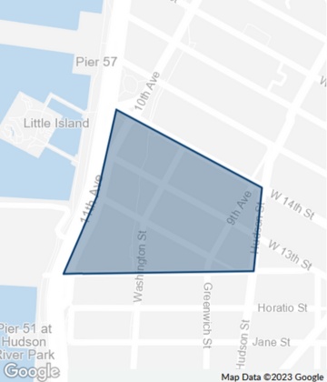 Map of Manhattan's Meatpacking District: trendy west side NYC neighborhood.