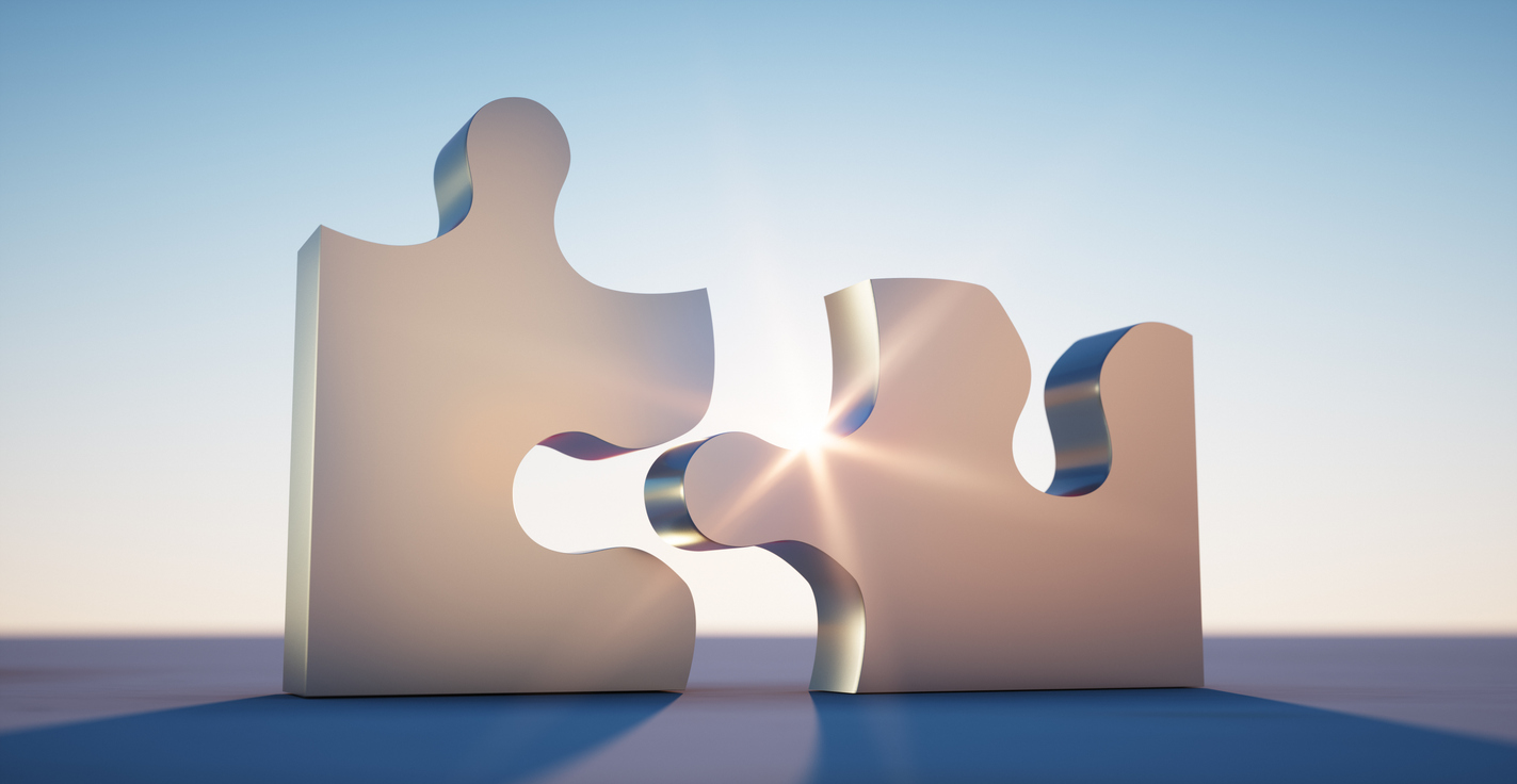 Silver puzzle parts in evening sun, emblematic of .6B CoStar-Matterport deal reshaping NYC CRE.