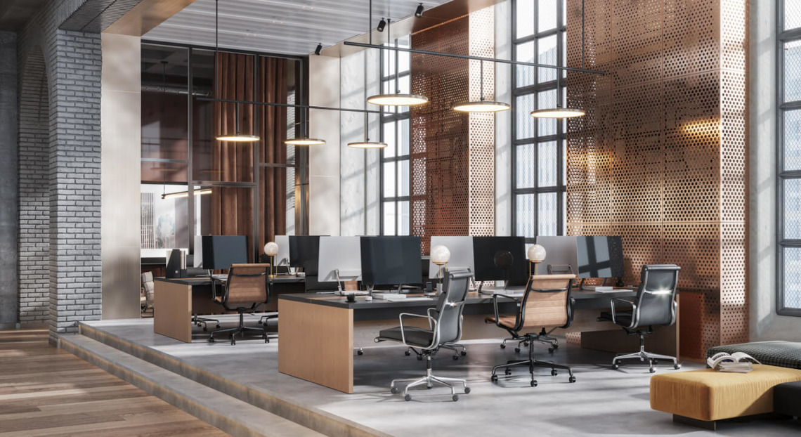 3D computer generated image of a large coworking office space - staged open plan office interior