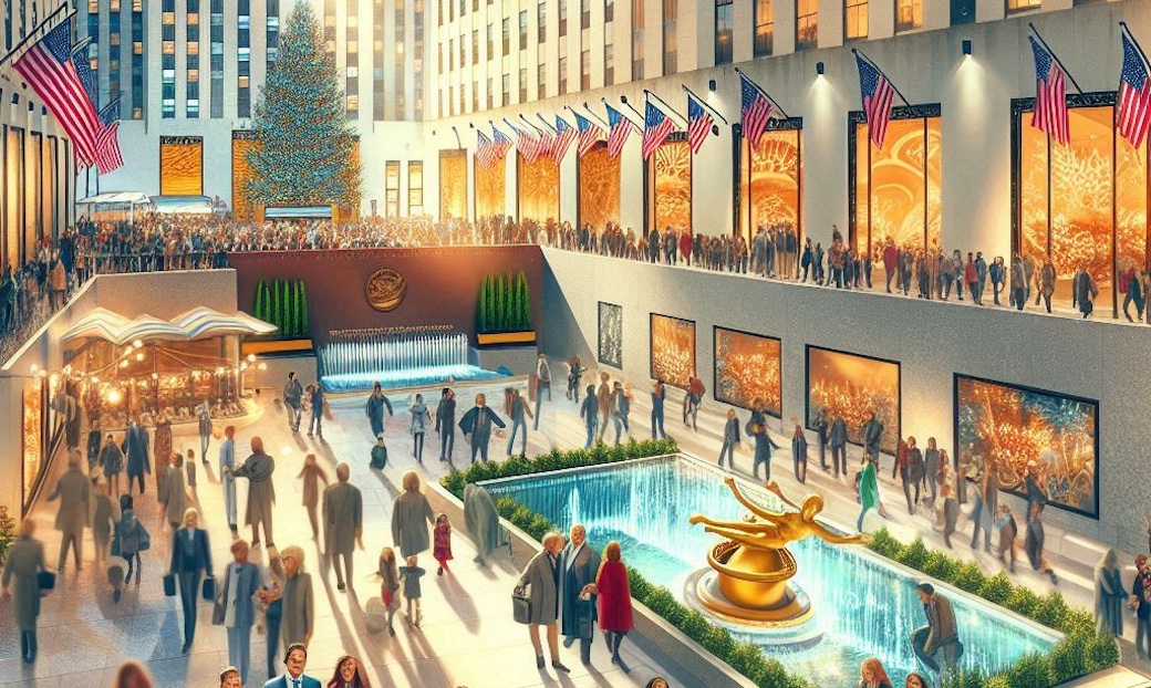 Festive Rockefeller Center with towering Christmas tree and crowd.