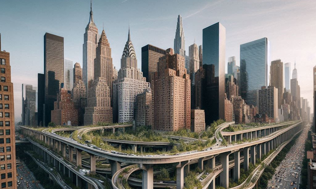 A futuristic vision of New York City, blending technology and nature in a cyberpunk aesthetic.