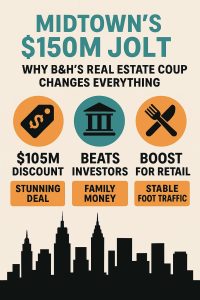 2D digital infographic showing B&H's acquisition impact on Manhattan retail and real estate.