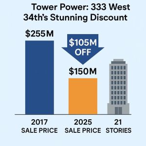 A bar chat showing the property at 333 West 34th Street sold to B&H for 40% below its 2017 price.