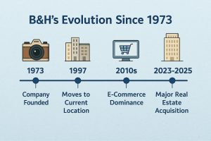 Timeline infographic: B&H's growth from photo shop to global retailer.