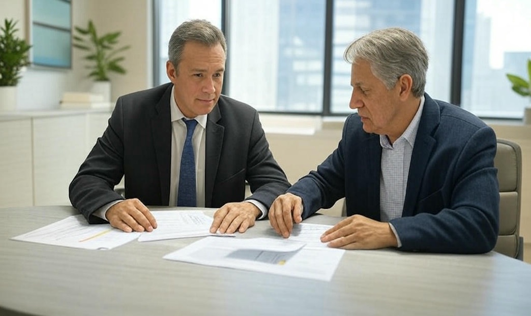 Two men discussing a lease at a round office table.