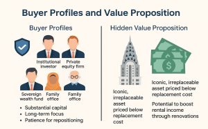 Buyer profiles and hidden value: iconic assets, renovation gains.