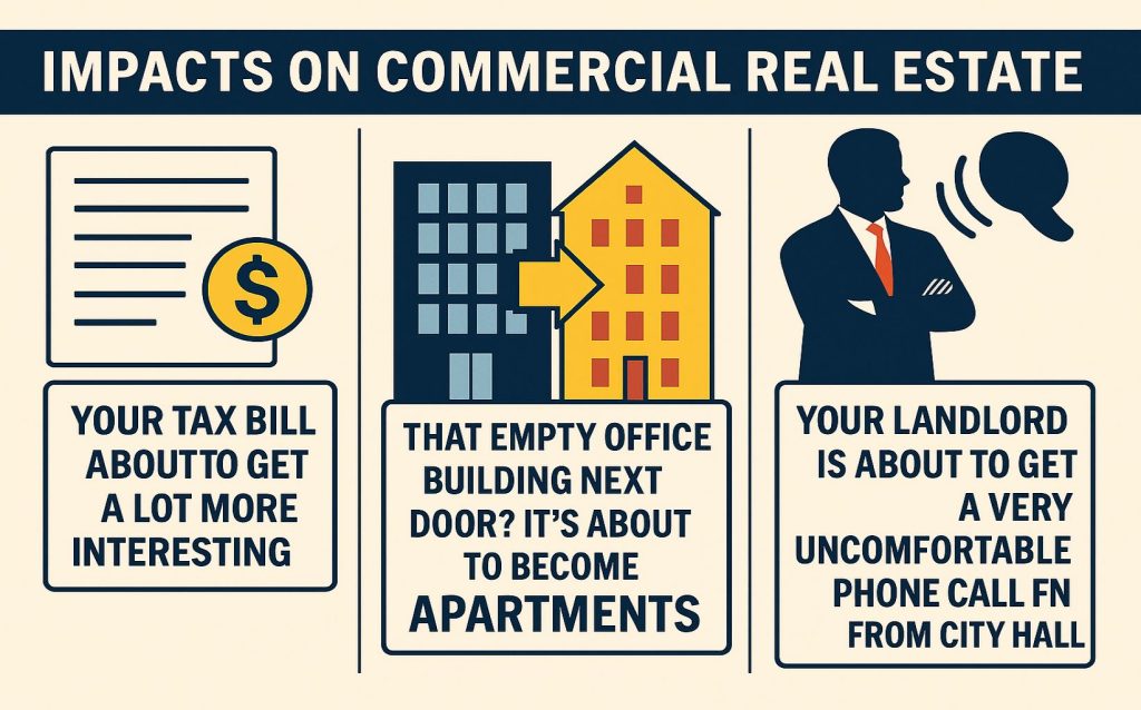 Illustration comparing outdated Midtown offices with affordable housing conversions under Mamdani plan.