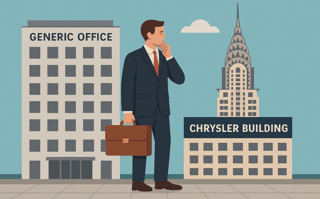 Man in suit with briefcase between two labeled office buildings.