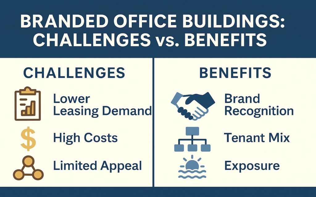 Icons compare pros and cons of branded office buildings for tenants.