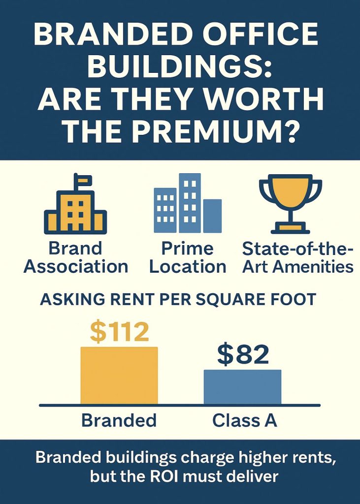 Branded offices rent 2/sq ft vs. for Class A; brand matters.