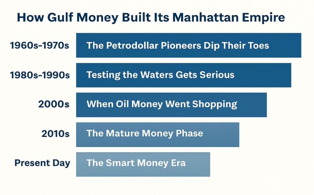 Timeline chart: Gulf investment eras shaping Manhattan real estate.