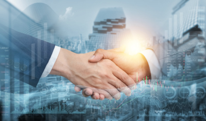 Gulf investors handshake with cityscape and financial graphs.