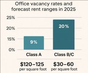 Bar chart: 2025 office vacancy rates and rent for Class A and B/C.