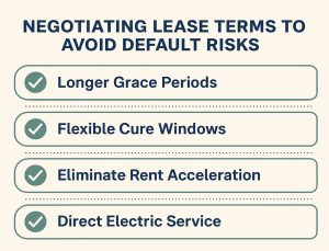 Infographic: 4 tips to avoid lease default—grace periods, cure windows, no rent acceleration, direct electric—each with checkmarks.
