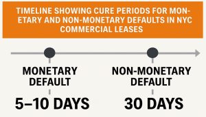 NYC commercial lease cure periods: 5–10 days monetary, 30 days non-monetary.